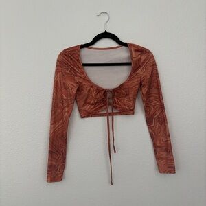 SHEIN Orange and Brown Swirl Long Sleeve Crop Top